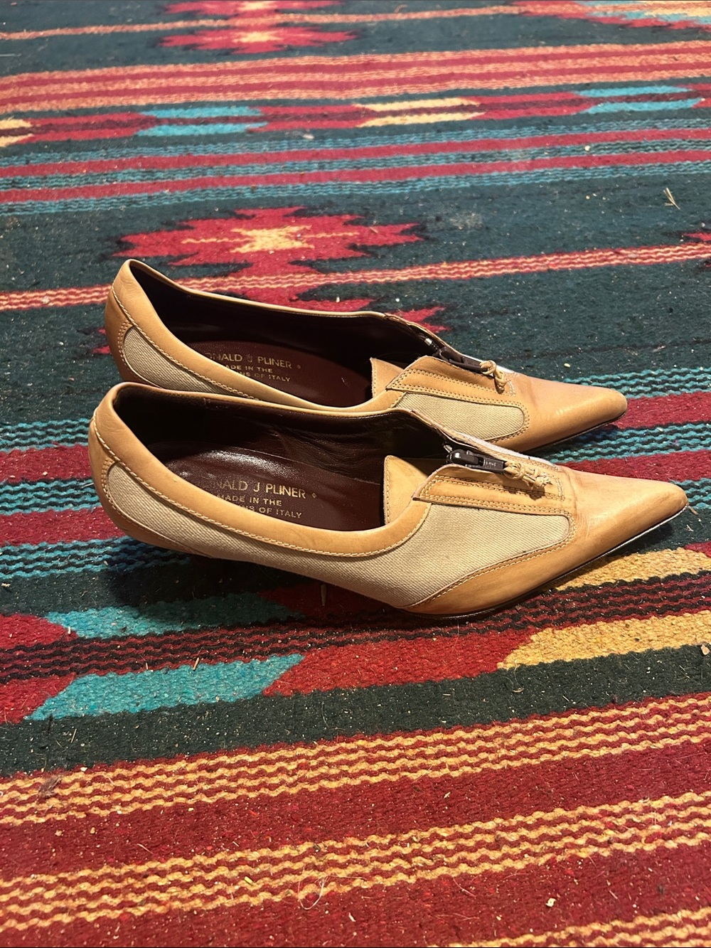Donald J. Pliner Beige & Cream Pointed Toe Leather-Canvas Flats